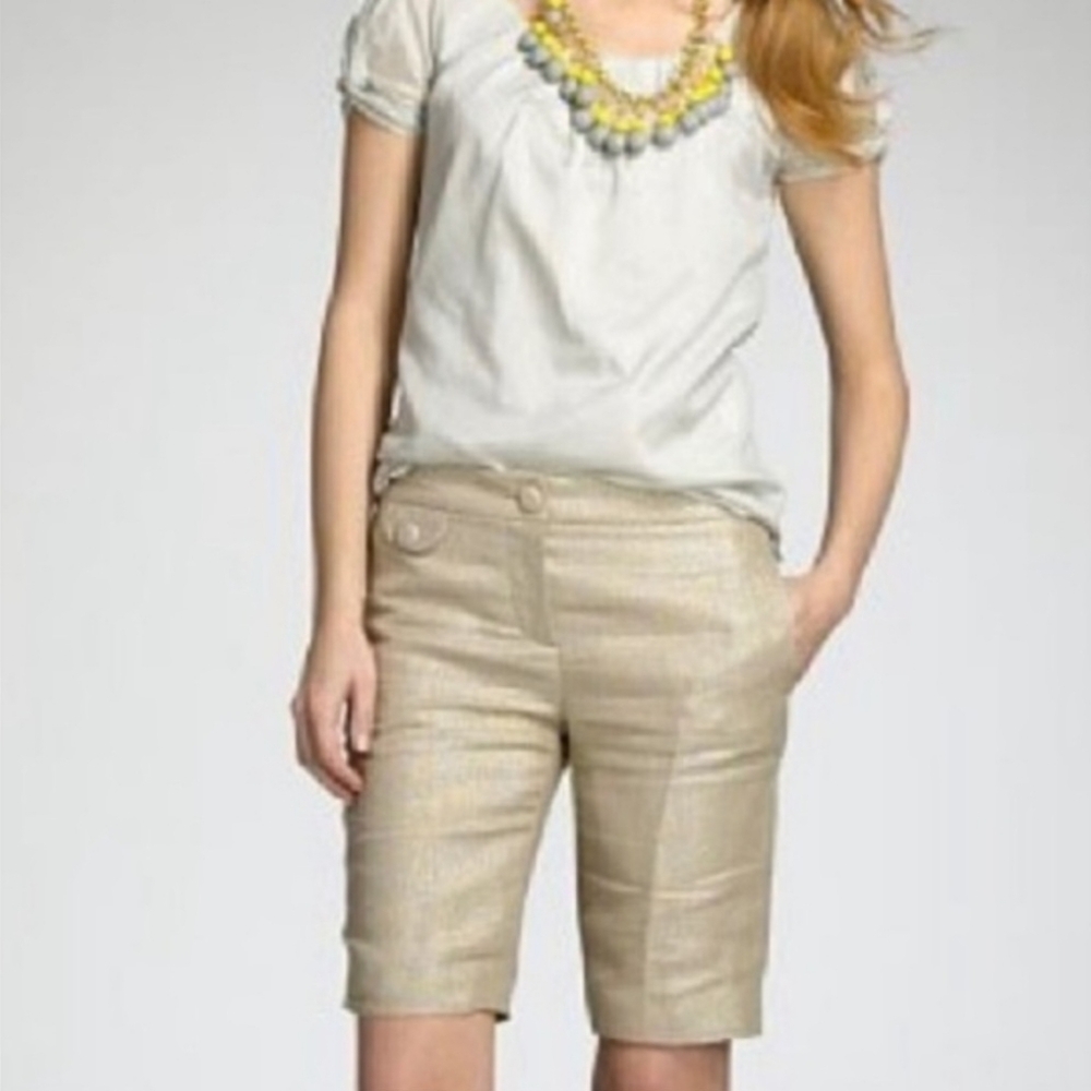 J. CREW City Fit Tan Metallic Gold Linen‎ Blend Tailored Long Chino Women's SZ 2